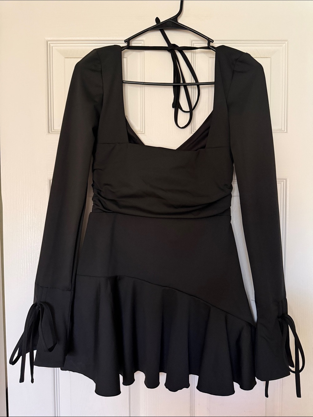 Fashion Nova Black Long-Sleeve Ruffle-Hem Mini Dress